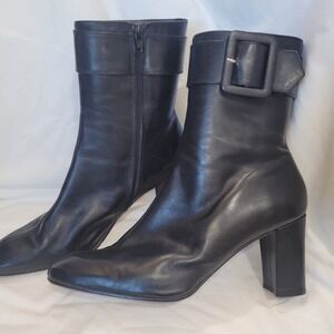 Palizzio Black Leather Square Toe Buckle Ankle Boots Sz 11 Made in Spain 3" Heel